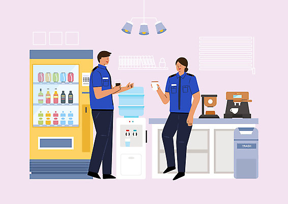 PSD 여자 남자 커피 일러스트 휴식 조명 사람 성인 두명 기댐 쓰레기통 경찰 커피포트 자판기 정수기 성인만 국내일러스트 직업 음료 컨셉 모션 주전자 파일형식