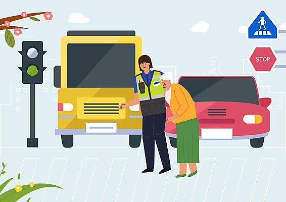 PSD 여자 노년 도로 할머니 일러스트 승용차 버스 안전 사람 성인 두명 표지판 보행자 횡단보도 경찰 정지 국내일러스트 직업 길 육상교통 교통시설 모션 자동차 대중교통 알림판 보행로 파일형식