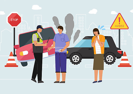 PSD 여자 남자 일러스트 승용차 자동차 사람 성인 세명 표지판 경찰 연기 교통사고 교통경찰 주의표지판 칼라콘 성인만 국내일러스트 직업 육상교통 알림판 안전장비 사건 파일형식