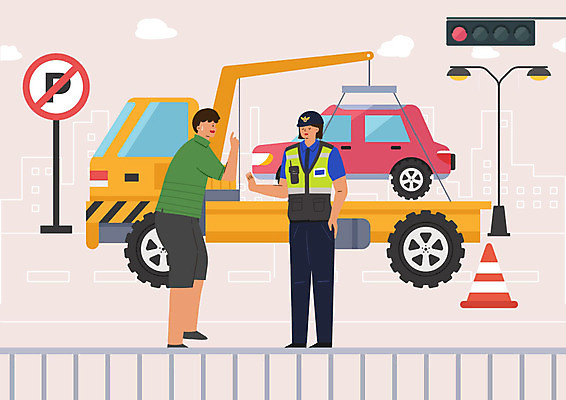 PSD 여자 남자 도로 가로등 일러스트 승용차 사람 성인 두명 경찰 신호등 주차 견인 견인차 주차금지 칼라콘 엄격한 성인만 주차위반 국내일러스트 직업 공공시설 길 교통시설 자동차 금지 안전장비 특수차량 파일형식