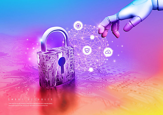 PSD 편집이미지 산업 미래 자물쇠 안전 사람없음 보라색 스마트 로봇 보안 손뻗기 로봇팔 폴리곤 4차산업 미래산업 이미지편집 컬러 컨셉 모션 파일형식