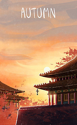 PSD 계절 낙엽 일러스트 하늘 사람없음 태양 노을 가을풍경 주황색 궁전 종 가을 사찰 국내일러스트 자연요소 컬러 고건축 잎 종교건축 풍경 파일형식 가을_계절