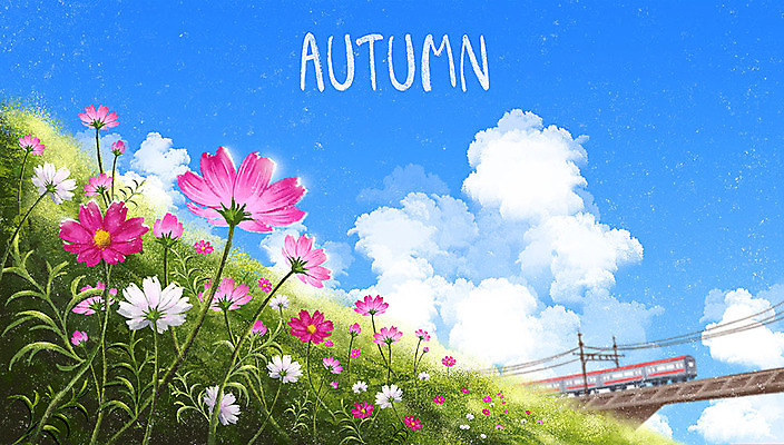 PSD 구름 계절 일러스트 하늘 사람없음 가을풍경 기차 가을 전철 뭉게구름 언덕 코스모스 국내일러스트 자연요소 꽃 육상교통 대중교통 풍경 파일형식 가을_계절 구름_자연