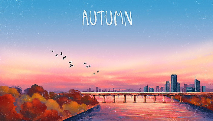 PSD 계절 단풍 낙엽 일러스트 하늘 빌딩 사람없음 노을 가을풍경 가을 도시 한강 철새 가교 국내일러스트 자연요소 건축물 잎 조류 서울 풍경 건물 랜드마크 파일형식 가을_계절