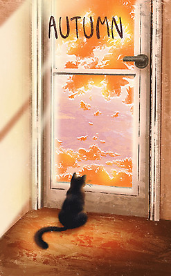 PSD 한마리 계절 단풍 낙엽 일러스트 사람없음 햇빛 문 가을풍경 고양이 가을 현관문 창밖 국내일러스트 1 잎 창문 포유류 풍경 반려동물 태양 파일형식 가을_계절