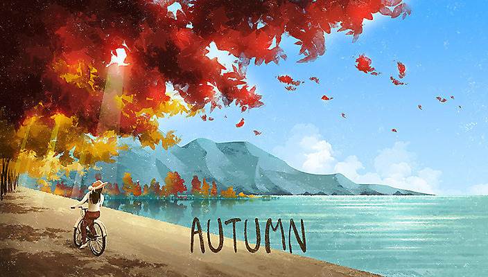 PSD 구름 계절 여자 호수 단풍 낙엽 일러스트 단풍나무 산 한명 가을풍경 자전거 가을 힐링 여자한복 국내일러스트 자연요소 나무 1 잎 사람 풍경 바이크 한복 파일형식 가을_계절