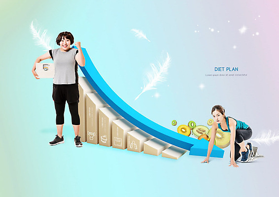 PSD 편집이미지 여자 행복 다이어트 그래프 저울 들기 사람 20대 성인 두명 파란색 운동 한국인 깃털 체중계 성인여자만 이미지편집 감정 컬러 모션 건강 동양인 청년 여자만 성인만 파일형식