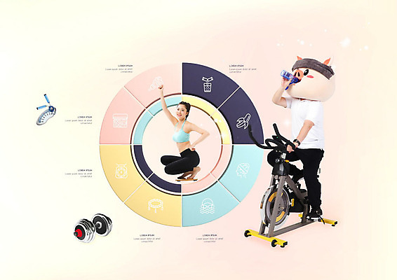 PSD 편집이미지 여자 남자 행복 다이어트 그래프 사람 20대 성인 두명 30대 노란색 헬스사이클 한국인 돼지 역기 체중계 돼지캐릭터 동물탈 인형탈 성인만 이미지편집 감정 컬러 동물캐릭터 포유류 건강 동양인 청년 장년 운동기구 탈 파일형식