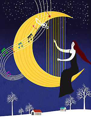 나무 여자 연주 음표 일러스트 상상 밤하늘 주택 한명 사람 콘서트 꿈 야간 초승달 하프 여자한명만 국내일러스트 AI파일 자연요소 식물 1 기호 음악 하늘 현악기 건물 공연 달 여자만 파일형식 벡터