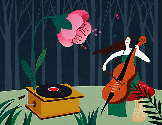 여자 꽃 연주 음표 일러스트 상상 밤하늘 한명 사람 버섯 콘서트 꿈 야간 숲속 첼로 축음기 여자한명만 국내일러스트 AI파일 자연요소 식물 1 기호 음악 음향기기 하늘 공연 골동품 숲 여자만 파일형식 벡터 찰현악기