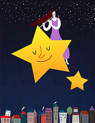 여자 별 연주 일러스트 상상 밤하늘 한명 사람 콘서트 꿈 비행 도시 야간 플루트 여자한명만 국내일러스트 AI파일 자연요소 1 음악 하늘 관악기 공연 여자만 파일형식 벡터