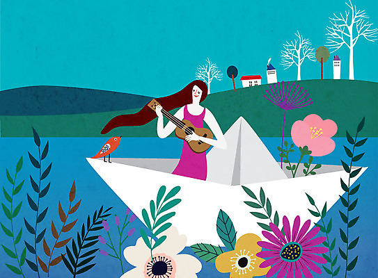 여자 꽃 연주 일러스트 상상 한명 사람 콘서트 꿈 기타 언덕 종이배 여자한명만 국내일러스트 AI파일 식물 1 음악 현악기 공연 종이접기 여자만 파일형식 벡터