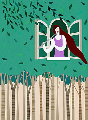 나무 여자 연주 일러스트 상상 한명 사람 콘서트 꿈 숲 플루트 창가 여자한명만 국내일러스트 AI파일 식물 1 음악 창문 관악기 공연 여자만 파일형식 벡터