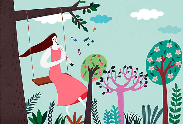 나무 여자 연주 일러스트 상상 한명 사람 콘서트 꿈 그네 그네타기 오보에 여자한명만 국내일러스트 AI파일 식물 1 음악 놀이 공연 목관악기 여자만 파일형식 벡터