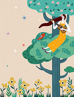 나무 한마리 여자 꽃 연주 일러스트 상상 조류 한명 사람 앉기 콘서트 꿈 기타 여자한명만 국내일러스트 AI파일 식물 동물 1 음악 모션 현악기 공연 여자만 파일형식 벡터