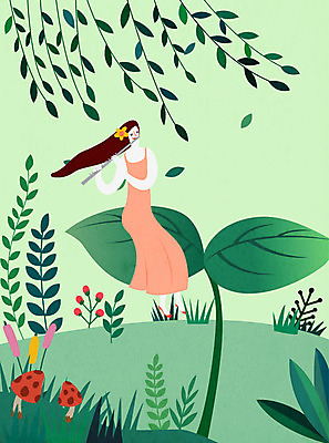 여자 잎 연주 일러스트 상상 자연 나뭇잎 한명 사람 앉기 새싹 콘서트 꿈 플루트 여자한명만 국내일러스트 AI파일 식물 1 음악 모션 관악기 공연 생태계 여자만 파일형식 벡터