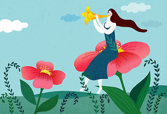 여자 꽃 연주 일러스트 상상 한명 사람 콘서트 꿈 여자한명만 국내일러스트 AI파일 식물 1 음악 공연 여자만 파일형식 벡터