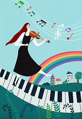여자 무지개 연주 음표 일러스트 상상 한명 사람 콘서트 꿈 피아노건반 바이올린 여자한명만 국내일러스트 AI파일 자연요소 1 기호 음악 현악기 공연 건반 피아노 여자만 파일형식 벡터