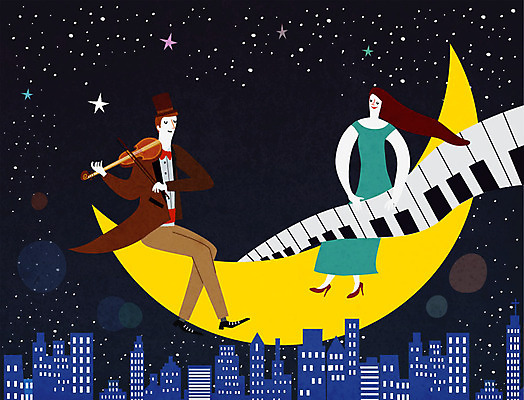 여자 남자 연주 일러스트 상상 사람 두명 콘서트 꿈 피아노 야간 초승달 바이올린 국내일러스트 AI파일 자연요소 음악 현악기 공연 달 건반악기 파일형식 벡터