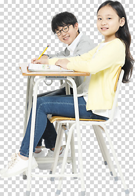 전신 편집이미지 응시 여자 교육 남자 안경 초등학생 어린이 의자 수업 미소 누끼 사람 앉기 소녀 소년 두명 옆모습 10대 책 친구 연필 한국인 책상 교과서 PNG 편집소스 학생 시선 잡화 뷰포인트 가구 관계 모션 청소년 학용품 교재 표정 동양인 필기구 파일형식