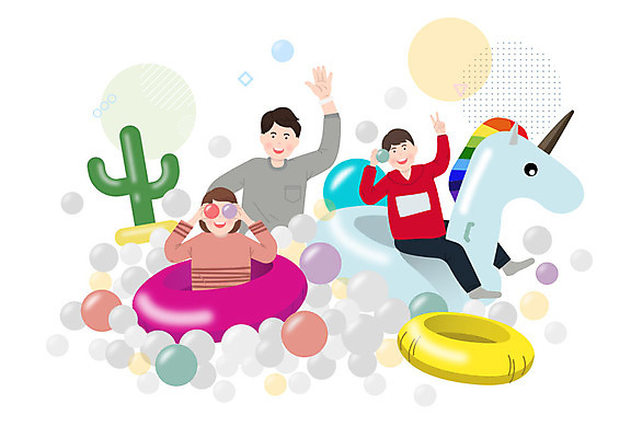 여자 남자 어린이 일러스트 놀이 선인장 사람 소녀 소년 성인 세명 자녀 체험 아빠 즐거움 튜브 놀이체험 볼풀장 유니콘 키즈카페 국내일러스트 AI파일 식물 감정 컨셉 가족 카페 체험학습 파일형식 벡터