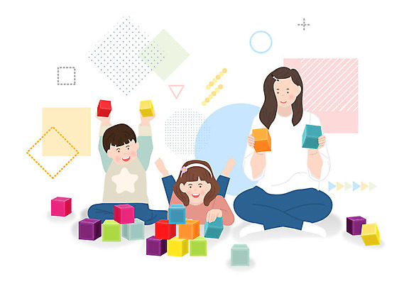 여자 남자 어린이 일러스트 놀이 엄마 사람 소녀 소년 성인 세명 블록 자녀 체험 즐거움 놀기 놀이체험 키즈카페 국내일러스트 AI파일 감정 컨셉 가족 모션 카페 체험학습 파일형식 벡터