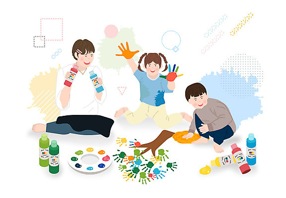 여자 남자 어린이 일러스트 놀이 사람 소녀 소년 성인 세명 교사 물감 체험 팔레트 즐거움 놀이체험 물감놀이 손도장 키즈카페 국내일러스트 AI파일 직업 감정 컨셉 미술도구 카페 체험학습 색칠 파일형식 벡터