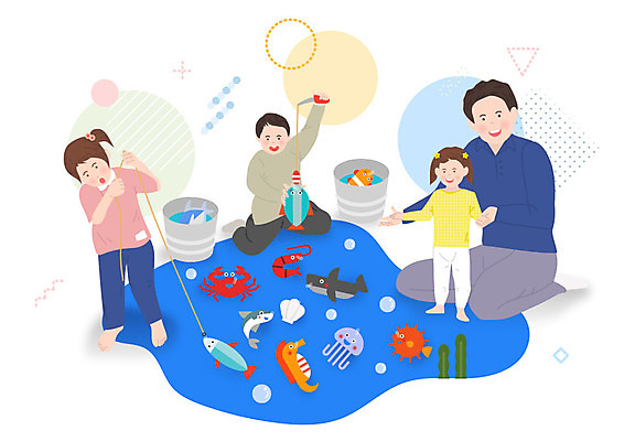 여자 남자 어린이 일러스트 가족 놀이 낚시 사람 소녀 소년 여러명 성인 바다동물 자녀 체험 아빠 즐거움 놀이체험 키즈카페 물고기떼 국내일러스트 AI파일 동물 감정 바다 다수 컨셉 관계 레저 어류 수중동물 카페 체험학습 파일형식 벡터