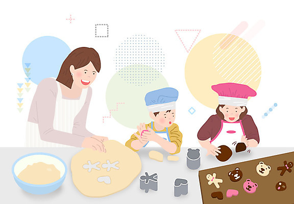 여자 남자 어린이 일러스트 놀이 요리 사람 성인 세명 쿠키 교사 체험 즐거움 쿠키틀 놀이체험 키즈카페 쿠킹클래스 국내일러스트 AI파일 직업 감정 컨셉 디저트 카페 체험학습 제빵도구 클래스 파일형식 벡터