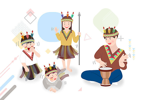 여자 남자 어린이 일러스트 놀이 사람 소녀 소년 여러명 성인 교사 체험 인디언 북 즐거움 놀이체험 인디언놀이 인디언의상 키즈카페 국내일러스트 AI파일 직업 감정 다수 컨셉 타악기 아메리카 카페 체험학습 전통의상 파일형식 벡터