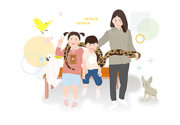 여자 남자 어린이 일러스트 놀이 동물원 사람 소녀 소년 성인 세명 체험 뱀 즐거움 앵무새 놀이체험 사육사 국내일러스트 AI파일 감정 컨셉 파충류 조류 체험학습 파일형식 벡터