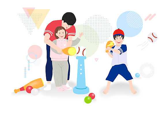 여자 남자 어린이 일러스트 놀이 사람 소녀 소년 성인 세명 야구 야구방망이 체험 즐거움 야구공 놀이체험 키즈카페 국내일러스트 AI파일 감정 컨셉 공 구기 카페 야구용품 체험학습 파일형식 벡터
