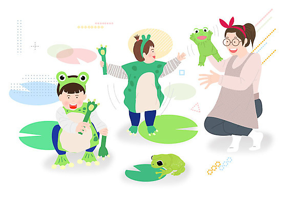 여자 남자 어린이 일러스트 놀이 개구리 사람 소녀 소년 성인 세명 교사 체험 즐거움 놀이체험 키즈카페 국내일러스트 AI파일 직업 감정 컨셉 양서류 카페 체험학습 파일형식 벡터