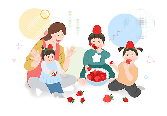 그릇 여자 남자 어린이 일러스트 놀이 딸기 사람 소녀 소년 여러명 성인 교사 체험 먹기 즐거움 놀이체험 키즈카페 국내일러스트 AI파일 직업 식기 감정 다수 컨셉 과일 모션 카페 체험학습 파일형식 벡터