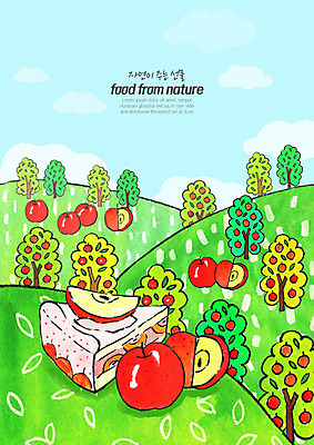 PSD 음식 일러스트 식재료 자연 수채화 풍경 초원 사람없음 초록색 농작물 농장 신선 사과 유기농 사과나무 먹거리 애플파이 로컬푸드 국내일러스트 나무 웰빙 컬러 농업 과일 농산물 생태계 파이_빵 파일형식