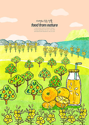 PSD 음식 일러스트 식재료 자연 수채화 귤 풍경 사람없음 초록색 농작물 농장 주스 신선 유기농 귤나무 먹거리 로컬푸드 국내일러스트 나무 웰빙 음료 컬러 농업 과일 농산물 생태계 파일형식
