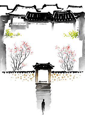 PSD 나무 고건축 일러스트 캘리그라피 붓터치 주택 흑백 한명 사람 담장 정원 산책 대문 번짐 감성 사색 국내일러스트 식물 1 건축물 컨셉 생각 휴식 촬영기법 건물 문 파일형식 효과