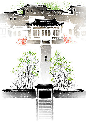PSD 나무 고건축 일러스트 캘리그라피 붓터치 주택 흑백 한명 사람 담장 걷기 정원 산책 대문 번짐 감성 사색 국내일러스트 식물 1 건축물 컨셉 생각 모션 휴식 촬영기법 건물 문 파일형식 효과