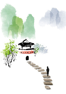 PSD 나무 고건축 일러스트 캘리그라피 붓터치 산 한옥 주택 흑백 한명 사람 산책 성 번짐 감성 사색 돌담길 국내일러스트 식물 1 한국전통 건축물 길 컨셉 생각 휴식 돌담 촬영기법 건물 파일형식 효과