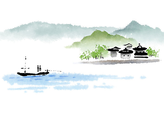 PSD 호수 고건축 일러스트 캘리그라피 붓터치 주택 흑백 사람 풍경 두명 물 강 산책 나룻배 번짐 감성 사색 선박 국내일러스트 자연요소 건축물 컨셉 수상교통 생각 배_교통 휴식 촬영기법 건물 파일형식 효과