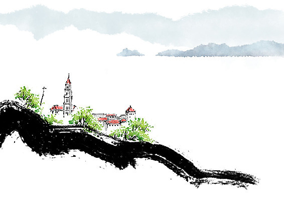 PSD 나무 호수 일러스트 캘리그라피 붓터치 산 주택 흑백 풍경 사람없음 건물 물 강 마을 언덕 번짐 국내일러스트 자연요소 식물 건축물 촬영기법 파일형식 효과