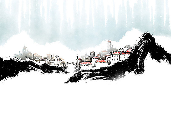 PSD 호수 일러스트 캘리그라피 붓터치 산 주택 흑백 풍경 사람없음 강 마을 번짐 가교 국내일러스트 건축물 촬영기법 건물 파일형식 효과