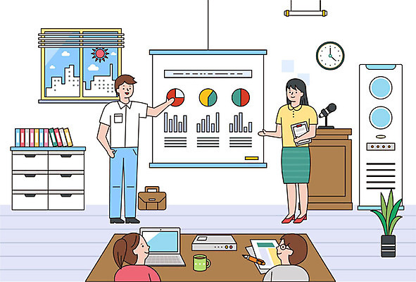 응시 여자 남자 시계 일러스트 사람 여러명 성인 여름 노트북 가리킴 직장인 비즈니스맨 비즈니스우먼 발표 에어컨 프레젠테이션 마이크 서랍장 빔프로젝트 성인만 국내일러스트 AI파일 직업 시선 계절 음향기기 가구 다수 비즈니스 손짓 전자제품 가전제품 파일형식 벡터