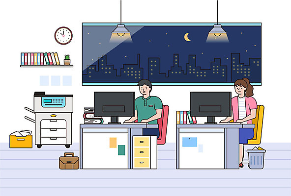 여자 남자 서류가방 일러스트 직장 사람 성인 두명 건물 여름 모니터 쓰레기통 직장인 비즈니스맨 비즈니스우먼 책상 야근 복합기 서류통 성인만 국내일러스트 AI파일 직업 건축물 계절 가구 가방 회사 비즈니스 전자제품 컴퓨터 사무용품 업무 파일형식 벡터