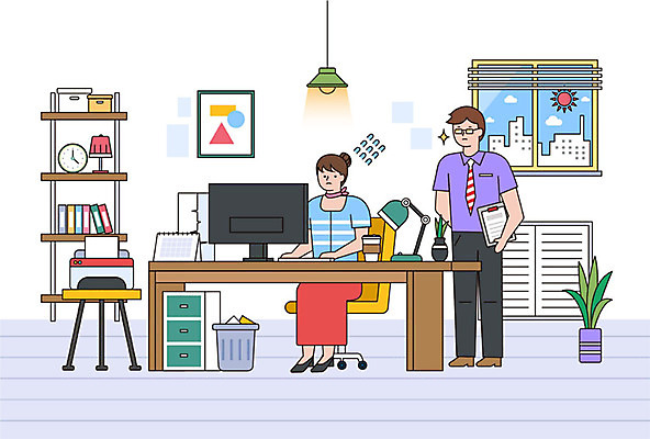 식물 여자 남자 일러스트 직장 사람 성인 두명 여름 모니터 달력 스탠드 직장인 비즈니스맨 비즈니스우먼 인쇄기 상사 책상 서랍장 감시 눈치 성인만 국내일러스트 AI파일 직업 계절 가구 회사 비즈니스 조명 전자제품 컴퓨터 파일형식 벡터