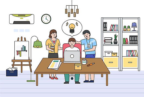 여자 남자 일러스트 전구 그래프 협력 아이디어 사람 성인 책 세명 여름 노트북 직장인 비즈니스맨 비즈니스우먼 에어컨 책상 장식장 프로젝트 성인만 국내일러스트 AI파일 직업 계절 가구 컨셉 비즈니스 전자제품 가전제품 파일형식 벡터