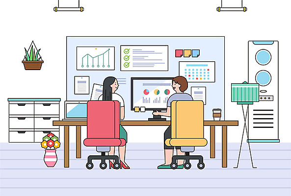 식물 여자 커피 일러스트 커뮤니케이션 그래프 대화 사람 성인 두명 여름 모니터 달력 스탠드 직장인 비즈니스우먼 에어컨 책상 포스트잇 서랍장 문서 성인여자만 국내일러스트 AI파일 직업 계절 음료 가구 비즈니스 조명 말하기 컴퓨터 가전제품 메모지 여자만 성인만 파일형식 벡터