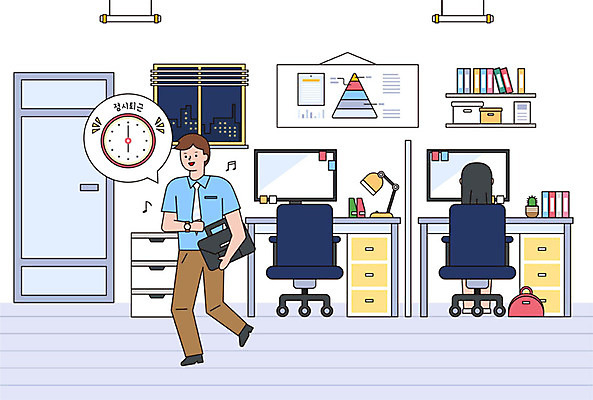 여자 남자 시계 의자 일러스트 그래프 사람 성인 두명 책 여름 스탠드 직장인 비즈니스맨 비즈니스우먼 퇴근 성인만 칼퇴근 국내일러스트 AI파일 직업 계절 가구 비즈니스 조명 출퇴근 파일형식 벡터