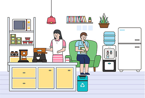 식물 여자 남자 일러스트 비즈니스 디저트 사람 성인 두명 여름 소파 머그컵 쓰레기통 직장인 비즈니스맨 비즈니스우먼 휴게실 전자레인지 커피포트 커피메이커 간식시간 정수기 컵라면 성인만 탕비실 국내일러스트 AI파일 직업 계절 음식 의자 주전자 컵 가전제품 라면 레인지 커피용품 파일형식 벡터