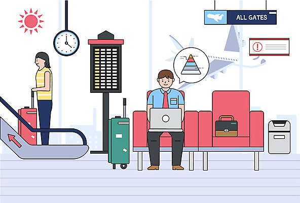 여자 남자 의자 일러스트 비즈니스 그래프 비행기 사람 성인 두명 여름 노트북 소파 캐리어 쓰레기통 직장인 비즈니스맨 비즈니스우먼 시간표 공항 출장 에스컬레이터 게이트 성인만 국내일러스트 AI파일 직업 계절 가구 항공교통 교통시설 대중교통 전자제품 여행가방 계획 파일형식 벡터